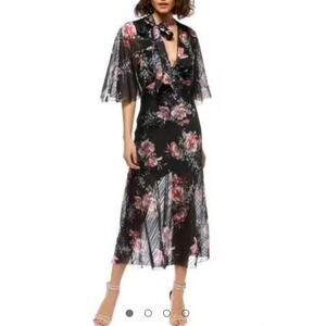 Talulah Anthropologie‎ Belonging Midi Dress Black Floral Neck Bow Tie Whimsygoth